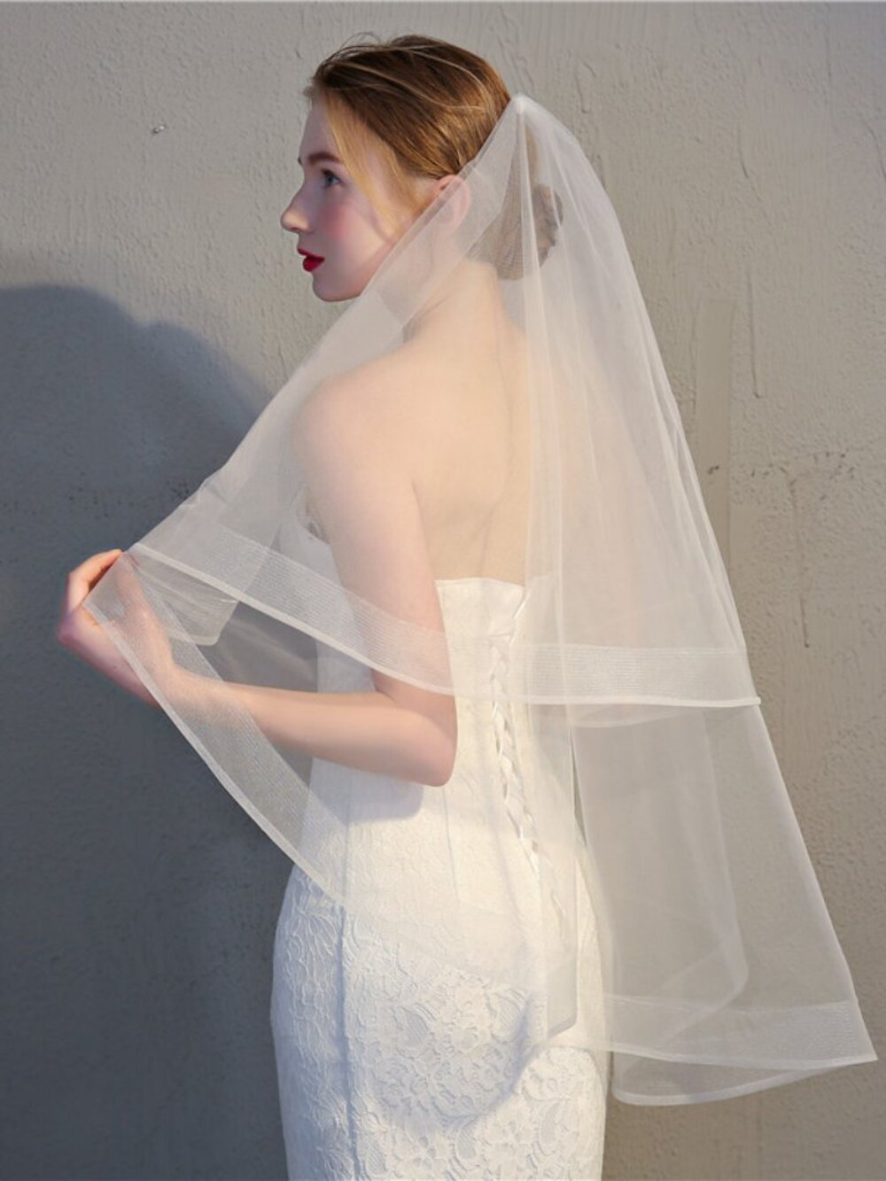 2-Tier Ivory Bridal Veil Satin Edge Short Fingertip Length Metal Comb